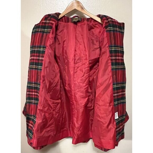 Vintage 90s Eddie Bauer Wool Red Tartan Plaid Long Coat Jacket Toggles Size S - Picture 12 of 16